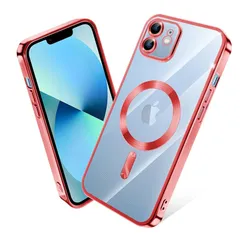 iPhone 12 ケース MagSafe対応 クリア メッキ加工 アイフォン12 スマホケース 耐衝撃 TPU ワイヤレス充電対応 いpほね 12 カバー ストラップホール付き 薄型 透明 超軽量 黄ばみにくい 柔軟 滑り止め （レッド）