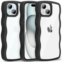 iPhone 15 ケース クリア ウェーブ おしゃれ 韓国 かわいい 可愛い アイフォン15 スマホケース 人気 シンプル 滑り止め 薄型 軽量 耐衝撃 指紋防止 レンズ保護 ストラップホール付き シリコン 透明（ブラック）