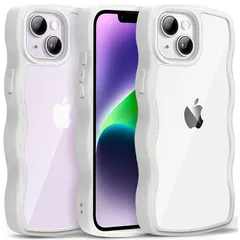 iPhone 14 ケース クリア ウェーブ おしゃれ 韓国 かわいい 可愛い アイフォン14 スマホケース 人気 シンプル 滑り止め 薄型 軽量 耐衝撃 指紋防止 レンズ保護 ストラップホール付き シリコン 透明（ホワイト）