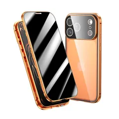 覗き見防止 iPhone 17 Pro Max 用 ケース ロック付き アルミ バンパー メタルフレーム スマホケース 強化ガラスフィルム 一体型レンズ保護 マグネット式アイフォン17promax 用 両面ケース，オレンジ