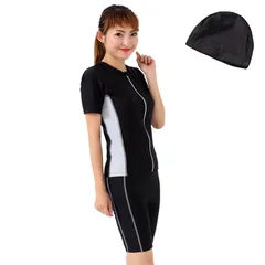 [ル モード デ トア] フィットネス水着 レディース セパレート 半袖 スイムキャップセット 女性 セパレート めくれ防止 F135 (【めくれ防止】 ブラック＆SVシルバー, 11L) 0