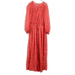 S 【美品】 UNIQLO ユニクロ ロングワンピース 長袖 ウエストリボン 花柄 シアー 朱色 サイズS 動くたびに揺れるスカート部分が、女性らしい印象に仕上げてくれます♡ シアー素材がベースで重たくなりすぎないのもポイント♪ S224