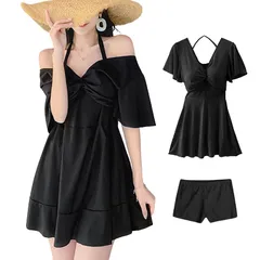 [SeiunAn] 水着 レディース ワンピース ショーツ 2点セット 体型カバー 大きいサイズ オフショルダー 肩出し 2way セクシー ワイヤー入り パッド付き 盛れる 着痩せ 露出控えめ 可愛い 韓国 ママ水着 おしゃれ 無地 ビーチ リゾート 1