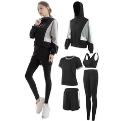 [DawnRain] スポーツウェア レディース 5点セット ランニングウェア フィットネス ウェア ウォーキング トレーニング トップス 半袖 パンツ ショートパンツ レギンス 1