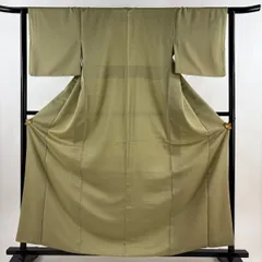 色無地 身丈162cm 裄丈64cm M 袷 さんび 洗える着物 地紋 抹茶色 化繊 優品 一つ紋 【中古】