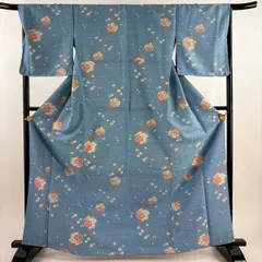 【美品】 小紋 身丈165.5cm 裄丈68.5cm L 袷 洗える着物 薬玉 桜 水色 化繊 優品 【中古】