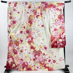 振袖 身丈167cm 裄丈67cm M 袷 牡丹 蝶 刺繍 銀通し クリーム 正絹 逸品 【中古】