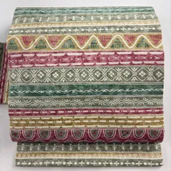 【美品】 名古屋帯 優品 縞 幾何学模様 灰緑 正絹 【中古】