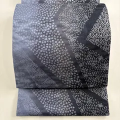 【美品】 袋帯 秀品 幾何学模様 唐草 銀通し 青灰色 全通 正絹 【中古】