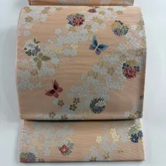 【美品】 袋帯 秀品 草花 蝶 金通し 唐織 薄ピンク 六通 正絹 【中古】