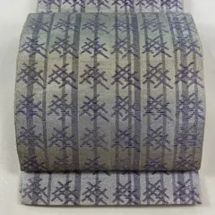 【美品】 袋帯 逸品 縞 幾何学模様 銀糸 箔 薄紫 六通 正絹 【中古】