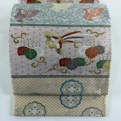 【美品】 袋帯 名品 花鳥 華文 唐織 箔 青灰色 六通 正絹 【中古】