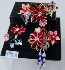 七五三 七歳 七才 7歳 7才 かんざし 簪セット 髪飾り 七歳専用 女児用 日本製 つまみ細工 ビラ付き 赤色 ピンク NO42816