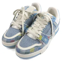 極美品▼LOUIS VUITTON ルイヴィトン 2024年製 デニムダミエ LVトレーナー レザー使い ローカットスニーカー アイスブルー 6 箱・保存袋付き イタリア製 メンズ