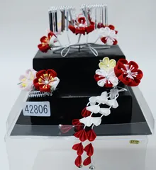 七五三 七歳 七才 7歳 7才 かんざし 簪セット 髪飾り 七歳専用 女児用 日本製 つまみ細工 ビラ付き 赤色 白 NO42806