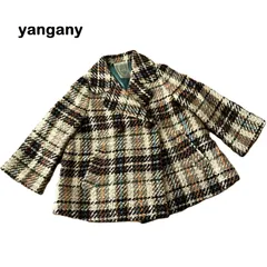 【yangany/ヤンガニー】ウールコート ダブルブレスト ポンチョ風 ショート チェック柄 裏地付き ブラウン系  日本製（中古）
