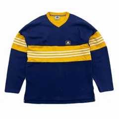 アディダス 90s ビンテージ Vネック スウェット トレーナー ロンT 厚手生地 ネイビー イエロー メンズ Lサイズ