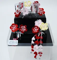 七五三 七歳 七才 7歳 7才 かんざし 簪セット 髪飾り 七歳専用 女児用 日本製 つまみ細工 ビラ付き 赤 ピンク NO42819-1