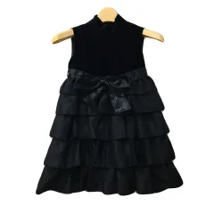 クミキョク 組曲 KUMIKYOKU ワンピース フォーマル ドレス プルオーバー 膝丈 ドッキング フリル ティアード リボン ベロア ノースリーブ M 黒 ブラック