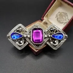 青と紫 クラシック デザイン 上品 ヴィンテージ ブローチ コスチュームジュエリー アールデコ 透かし 装飾 ひし形 クロス 10Y-H