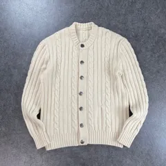 90s Vintage Cardigan Cable Sweater ヴィンテージ ハンドニット ケーブル チェーン 厚手 ニット セーター カーディガン フルボタン メタルボタン ウール オフホワイト 52