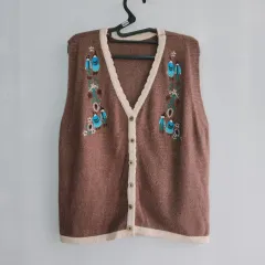 0410 ヴィンテージ ブラウン 刺繍 ベスト フリーサイズ
