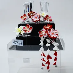 七五三 七歳 七才 7歳 7才 かんざし 簪セット 髪飾り 七歳専用 女児用 日本製 つまみ細工 ビラ付き 赤色 白色 NO42824