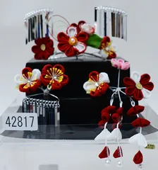 七五三 七歳 七才 7歳 7才 かんざし 簪セット 髪飾り 七歳専用 女児用 日本製 つまみ細工 ビラ付き 赤 白 NO42817-1