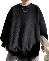 Lunenon Soleil ルネノンソレイユ もこもこ トレーナー メンズ 長袖 大きいサイズ 無地 ロンT ゆったり クルーネック 上着 ワッフル スエット メンズ服 40代 スウェットシャツ (ブラック, L)