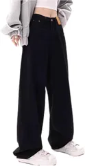 Lunenon Soleil デニム 体型カバー ワイドパンツ レディース ハイウエスト バギー ジーンズ ワイドジーンズ 脚長 jeans 美脚 小尻見え ユッタリ 春秋 薄手 大きいサイズ 低身長 ウエストゆるめ ズボン (ブラック,  S)
