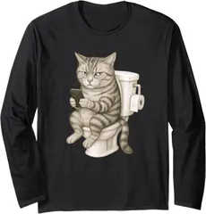送料無料 100%コットン　面白い　ねこ とらねこ トイレ スマホ 便座に座る イラスト にゃに見てんだよ 猫好き 猫柄 厭世顔 長袖Tシャツ メンズ  レディース　かわいい　ユーモア　パロディ 柔らかい肌触り オシャレ 快適 丸襟 軽い  服