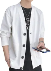 Lunenon Soleil カーディガン メンズ ワッフル編み Vネック カジュアル 無地 薄手 長袖 ジャケット 体型カバー 春 秋 ビジネス 通勤 学生 L～3XL 4色展開 オーバーサイズ (ホワイト,  2XL)