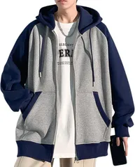 Lunenon Soleil ジップパーカー メンズ 秋冬 冬服 フルジップ フード付き ビッグシルエット ジップアップ 春服 長袖 韓国風 大きいサイズ カジュアル ラグランスリーブ 配色切替 スウェット (グレー＋ブルー,  L)