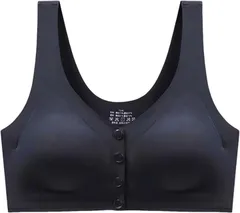 Belle Iza Bella 乳がん 術後 ブラジャー フロントボタン 前開き ノンワイヤー レディース インナー シンプル 着脱 簡単 診察時 下着 肌着 乳癌 義乳 ブレストケア ハーフトップ 人工 乳房 全摘 摘出 (ブラック,  L)