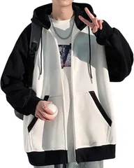 Lunenon Soleil ジップパーカー メンズ 秋冬 冬服 フルジップ フード付き ビッグシルエット ジップアップ 春服 長袖 韓国風 大きいサイズ カジュアル ラグランスリーブ 配色切替 スウェット (ホワイト/ブラック,  2XL)