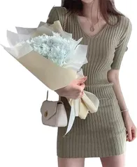Takusan Shopping リブニット 半袖 ワンピース タイト vネック レディース 薄手 胸元 セクシー ミニ ショート丈 デート服 カジュアル キャバドレス スリム オフィス (グリーン,  Free Size)