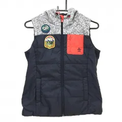 【超美品】マンシングウェア 異素材中綿ベスト ネイビー×杢グレー フード 胸ポケット レディース M ゴルフウェア Munsingwear