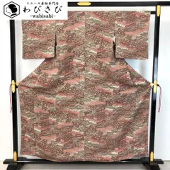 小紋 型染め 花草模様 風景柄 縮緬 暗紅色 しつけ糸 K-4805