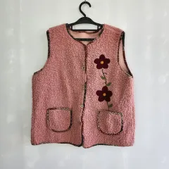 0420 花 刺繍 ピンク フリース ベスト ヴィンテージ スタイル フリーサイズ
