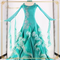 社交ダンス 衣装 スタンダードドレス スタンダード ドレス ワンピース 青 緑 フロート レース 光沢 綺麗 上品 ダンス パーティ 発表会 ブルー系 グリーン系 かっこいい 高級感 舞台用 美しい フリル揺れる ドレスアップ おしゃれ エレガント 女性用