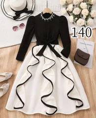 パール襟ワンピース ロング丈 140 ブラック×アイボリー 新品未使用