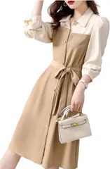 Takusan Shopping バイカラー シャツ ワンピース レディース 長袖 フォーマル 上品 ロング オフィス 襟付き 華奢みえ ベルト リボン フレア オフィスカジュアル 重ね着風 異素材 通勤 お呼ばれ (ブラウン, L)