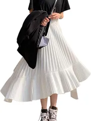 Takusan Shopping プリーツ スカート アシンメトリー レディース ロング モード系 ウエストゴム ハイウエスト フレア 普段着 無地 ギャザースカー aライン きれいめ 演奏会 チュール 涼しい おしゃれ (ホワイト, L)