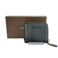 【人気・美品】Gucci グッチ マイクロ シマ ラウンドジップ コンパクト ウォレット 二つ折り 財布 449395 ブラック 黒色 レザー 本革 箱付き ゴールド金具 金色 メンズ レディース ユニセックス