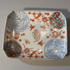 古伊万里 魚紋 風景図 色絵 長皿 丸皿 二点 古伊万里 魚紋 風景図 色絵