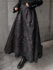 ロングスカート レディース 黒 マキシ丈 Aライン レース風素材 秋冬 ゆったり 美シルエット 体型カバー フォーマル パーティー 結婚式 きれいめ