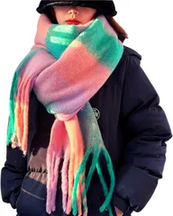 REG8（レグエイト） マフラー レディース 厚手 チェック柄 ストール 大判 秋 冬 肩掛け 巻き物 防寒 暖かい 羽織り (ピンク/グリーン,  特大)