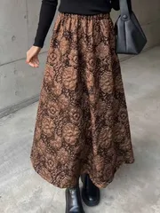 ロングスカート レディース 黒 茶 マキシ丈 Aライン レース風素材 秋冬 ゆったり 美シルエット 体型カバー フォーマル パーティー 結婚式 きれいめ