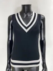 【USED】Kappa カッパ レーヨン Vネック ニット ベスト ワッペン ブラック 黒 レディース M ゴルフウェア