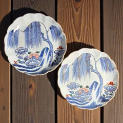 【2客セット】 古伊万里 染付 柳 牡丹 色絵 丸皿 取り皿 飾り皿 和食器 明治 大正 伊万里 陶器 骨董品 アンティーク